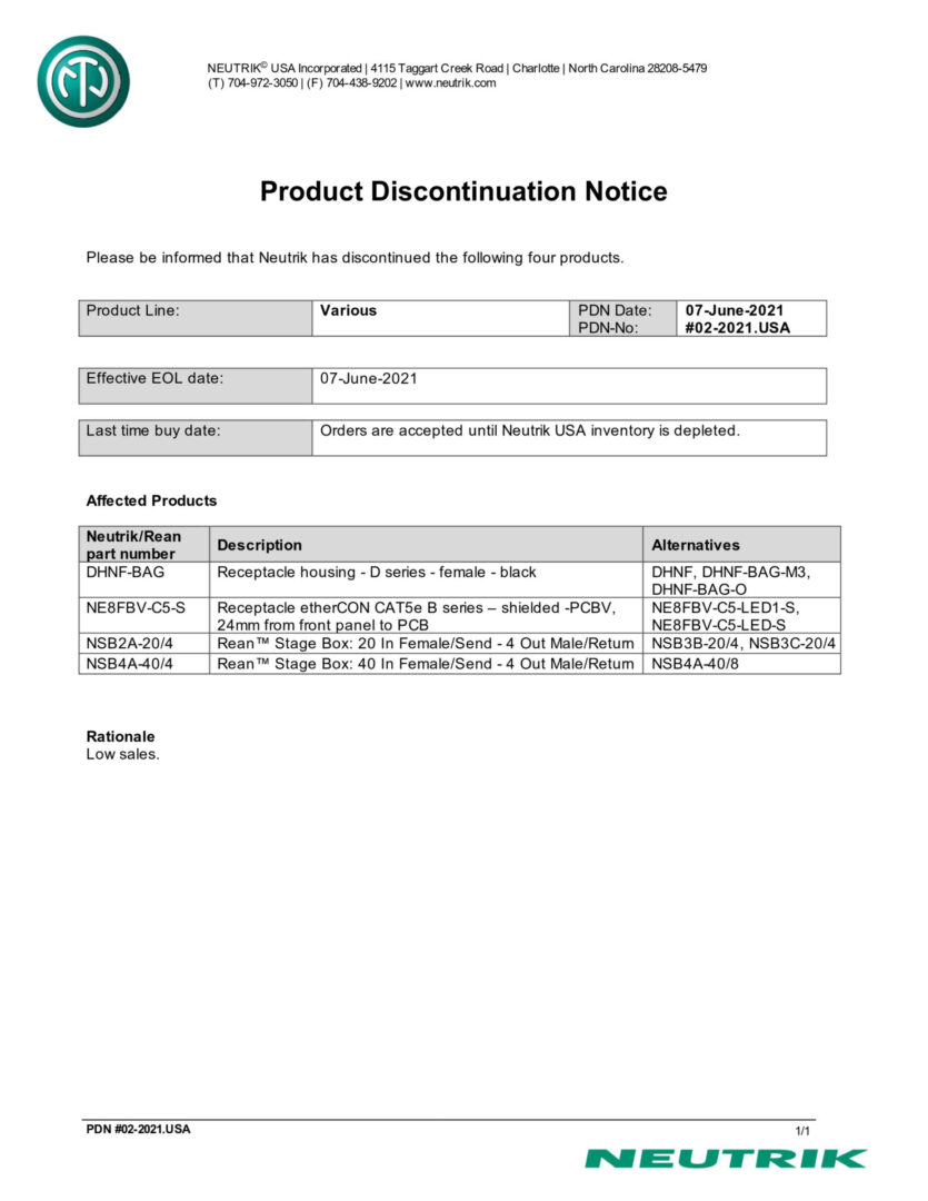 Neutrik Product EOL Notification